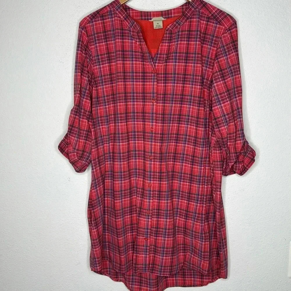 Duluth Trading Long Tunic plaid Roll Tab Sleeves with pockets Size XL